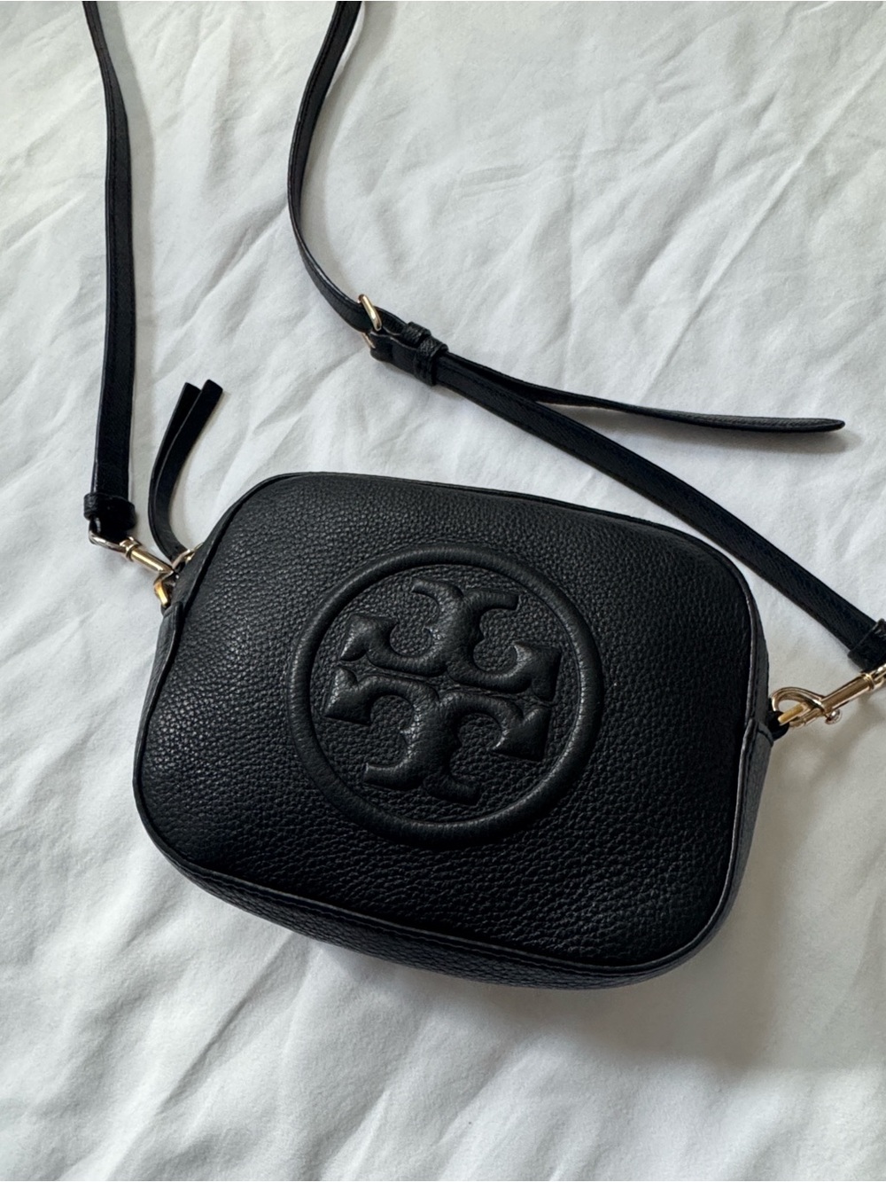 Tory Burch Black Pebbled Leather mini Logo Crossbody Bag